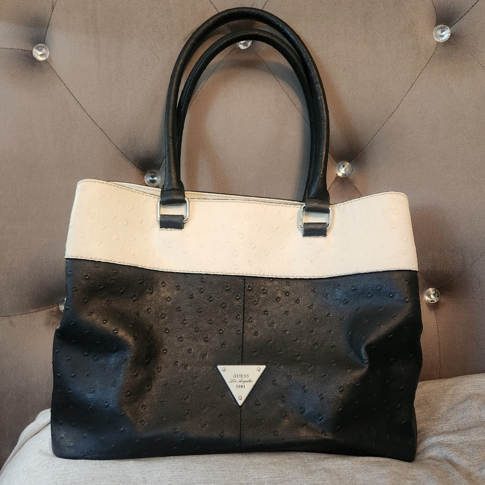 Guess Black and Cream Structured Shoulder Tote